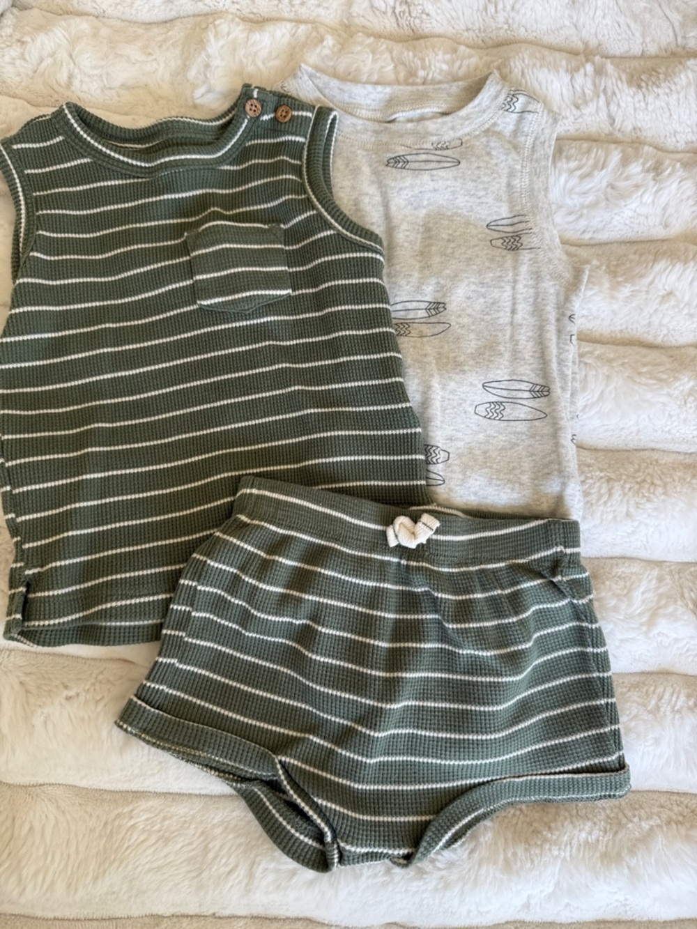 Striped Knit Tank & Shorts Set with Surf Print Tee